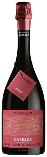 En glasflaska med Carezza Lambrusco di Sorbara Metodo Classico, en mousserande från Emilia-Romagna i Italien