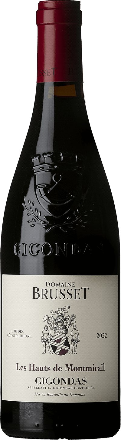 En glasflaska med Domaine Brusset Les Hauts de Montmirail 2022, ett rött vin från Rhonedalen i Frankrike