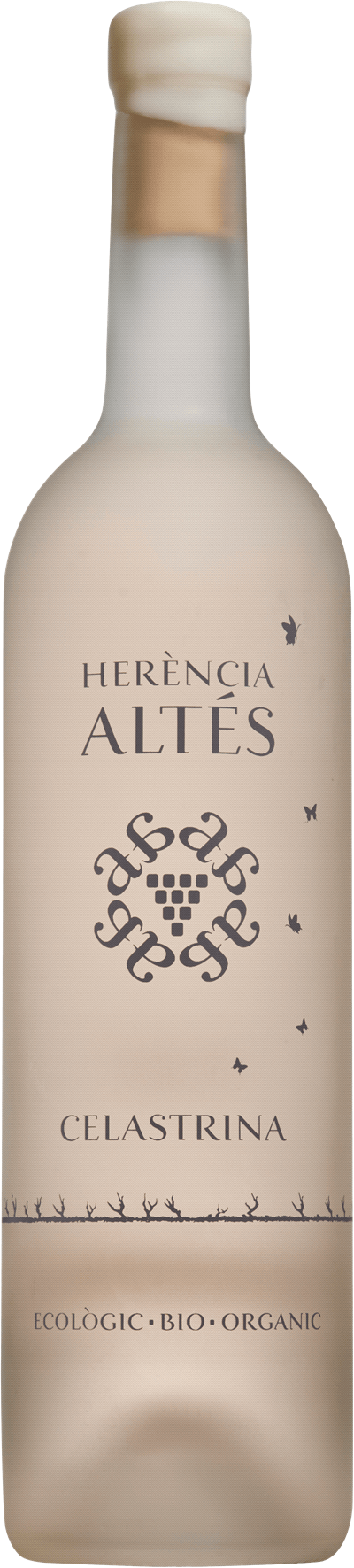 En glasflaska med Herència Altés Celastrina Rosé 2023, en rosévin från Katalonien i Spanien