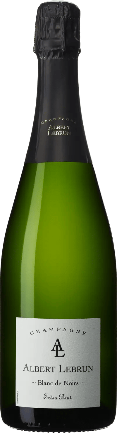 En glasflaska med Albert Lebrun Blanc de Noirs, ett champagne från Champagne i Frankrike