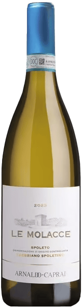 En glasflaska med Arnaldo Caprai Le Molacce Trebbiano Spoletino 2023, ett vitt vin från Umbrien i Italien