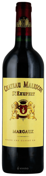 En glasflaska med Château Malescot Saint-Exupéry 2021, ett rött vin från Galicien i Spanien