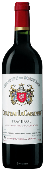 En glasflaska med Château la Cabanne Pomerol 2018, ett rött vin från Bordeaux i Frankrike