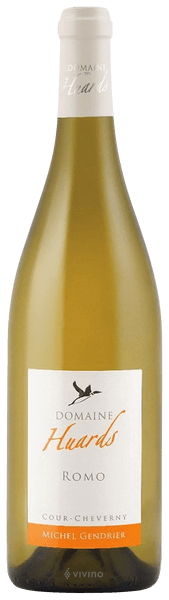 En glasflaska med Domaine des Huards Romo 2020, ett vitt vin från Loiredalen i Frankrike