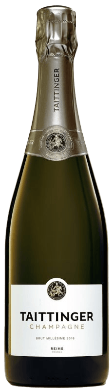 En glasflaska med Taittinger Brut Millésime 2016, ett champagne från Champagne i Frankrike