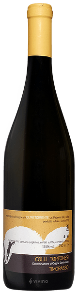 En glasflaska med Colli Tortonesi Timorasso 2021, ett vitt vin från Italien