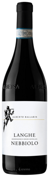 En lättare glasflaska med Alberto Ballarin Langhe Nebbiolo 2022, ett rött vin från Piemonte i Italien