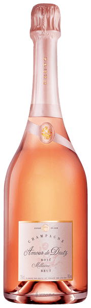 En glasflaska med Amour de Deutz Rosé 2013, ett champagne från Champagne i Frankrike