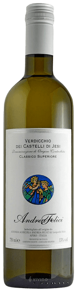 En glasflaska med Andrea Felici Verdicchio dei Castelli di Jesi 2022, ett vitt vin från Marche i Italien