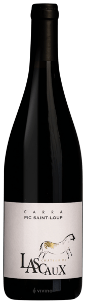 En glasflaska med Château de Lascaux Carra 2022, ett rött vin från Languedoc-Roussillon i Frankrike
