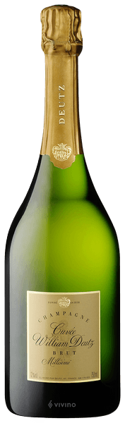 En glasflaska med Deutz Cuvée William 2014, ett champagne från Champagne i Frankrike