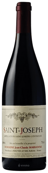 En glasflaska med Domaine Jean-Claude Marsanne Saint-Joseph 2021, ett rött vin från Rhonedalen i Frankrike