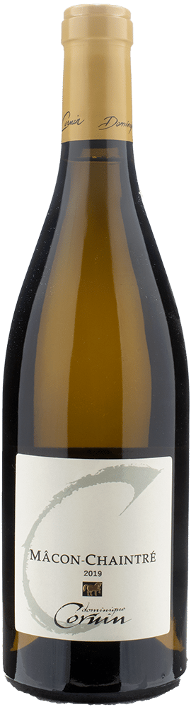 En glasflaska med Dominique Cornin Mâcon-Chaintré 2022, ett vitt vin från Bourgogne i Frankrike