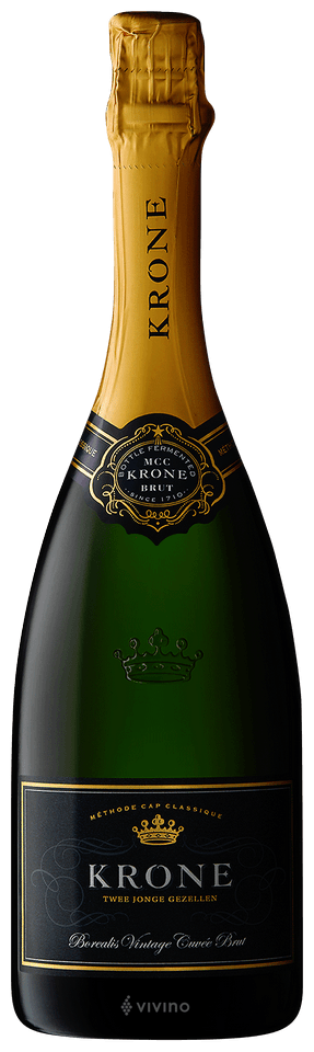 En glasflaska med Twee Jonge Gezellen Estate Krone Borealis Vintage Cuvée Brut 2022, en mousserande från Western Cape i Sydafrika