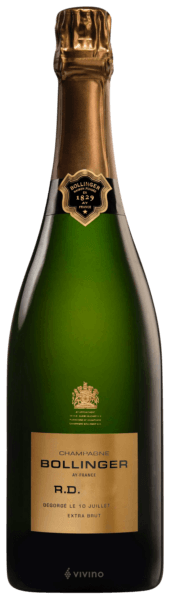 En glasflaska med Bollinger R.D. 2008, ett champagne från Champagne i Frankrike