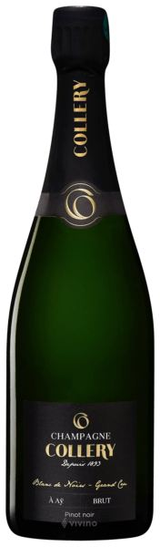 En glasflaska med Collery Blanc de Noir Brut Grand Cru, ett champagne från Champagne i Frankrike