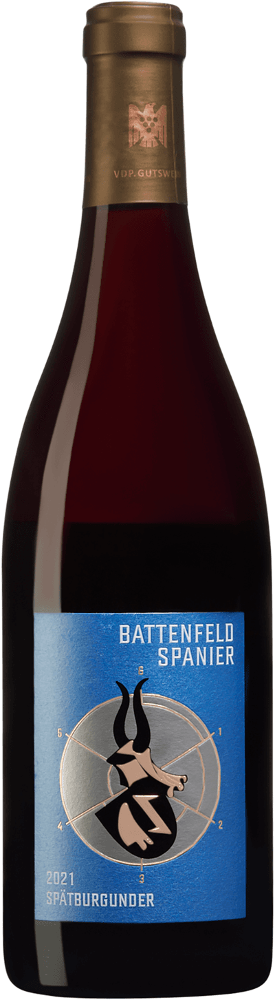 En glasflaska med Battenfeld Spanier Spätburgunder 2021, ett rött vin från Rheinhessen i Tyskland