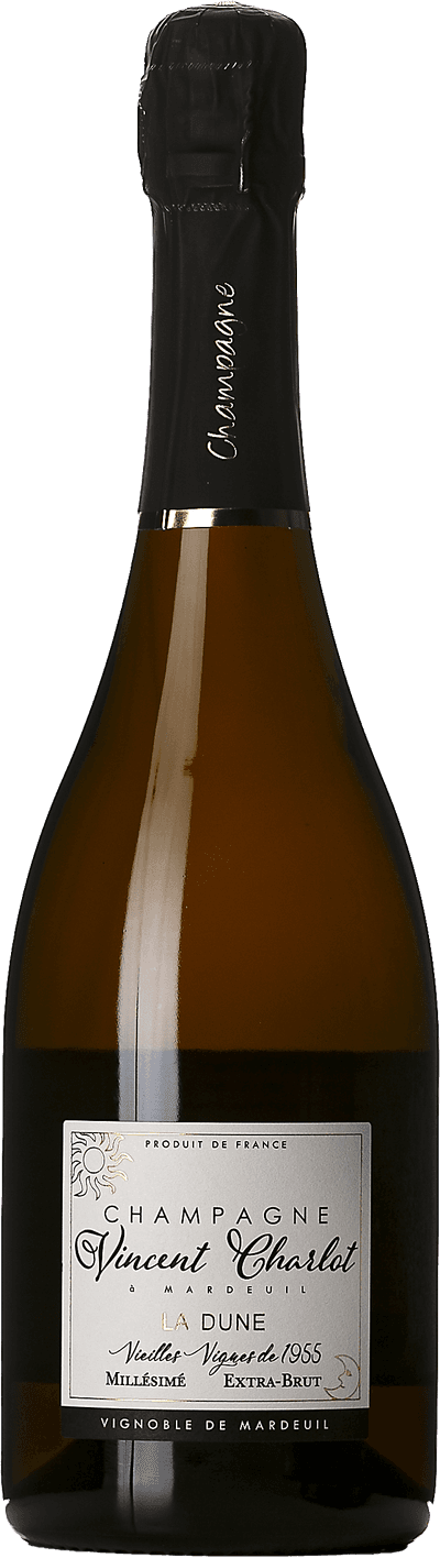 En glasflaska med Champagne Charlot-Tanneux & Vincent Charlot Dune 2019, ett champagne från Champagne i Frankrike