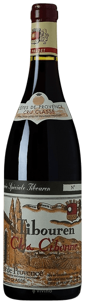 En glasflaska med Clos Cibonne Cuvée Spéciale Tibouren 2023, ett rött vin från Provence i Frankrike