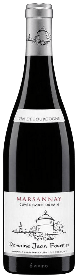 En glasflaska med Domaine Jean Fournier Marsannay Rouge Cuvée Saint-Urbain 2022, ett rött vin från Bourgogne i Frankrike