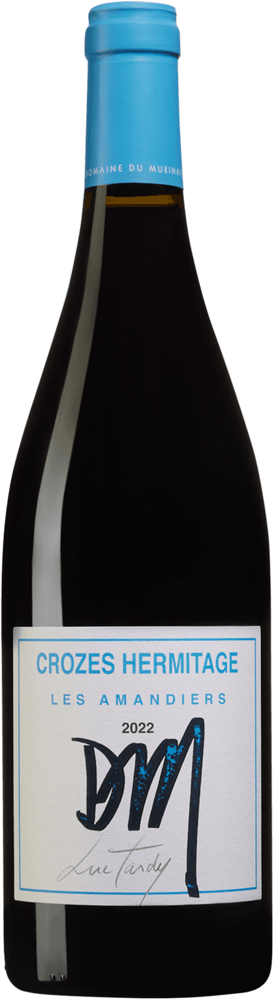 En glasflaska med Domaine de Murinais Crozes Hermitage Les Amandiers 2022, ett rött vin från Rhonedalen i Frankrike