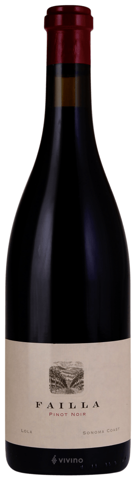 En glasflaska med Failla Lola Pinot Noir 2022, ett rött vin från Kalifornien i USA