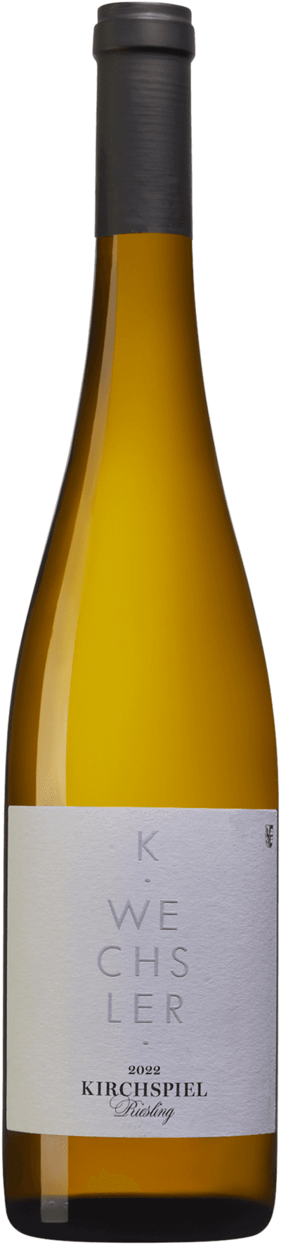 En glasflaska med K Wechsler Kirchspiel Riesling 2022, ett vitt vin från Rheinhessen i Tyskland