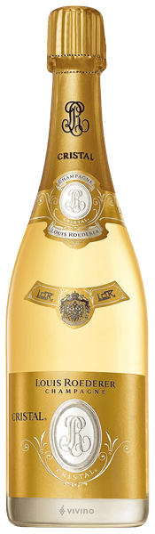 En glasflaska med Louis Roederer Cristal 2016, ett champagne från Champagne i Frankrike