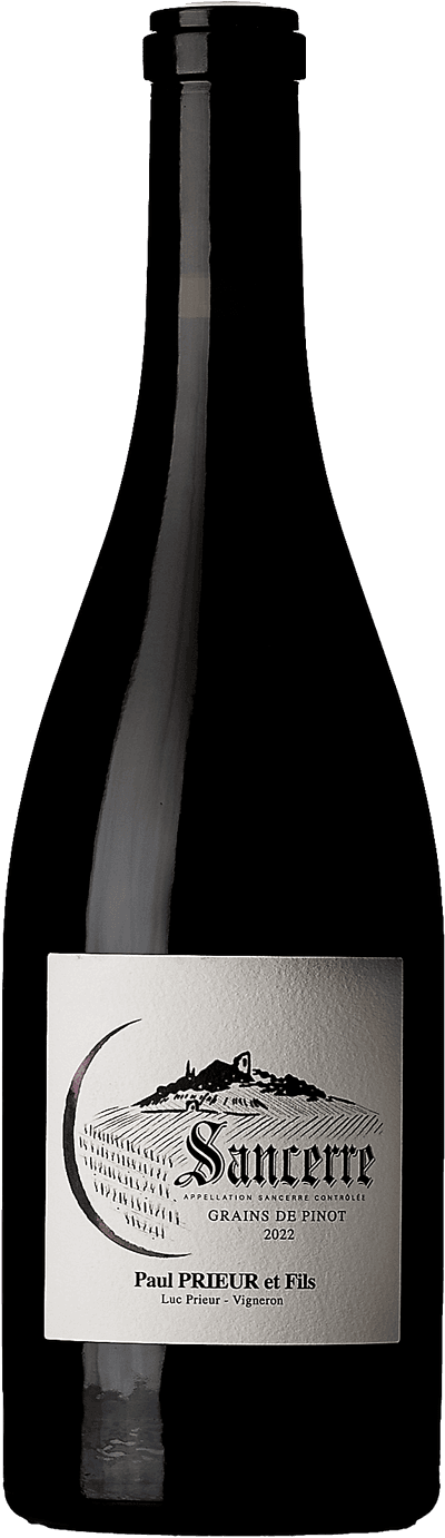 En glasflaska med Paul Prieur & Fils Sancerre Rouge Grains de Pinot 2022, ett rött vin från Loiredalen i Frankrike