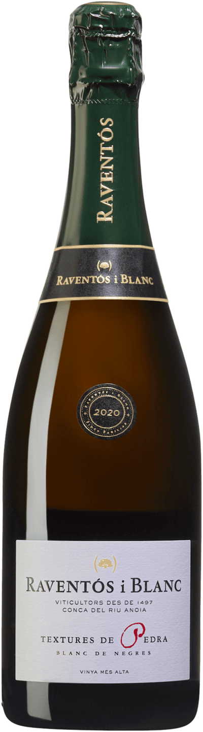 En glasflaska med Raventós i Blanc Textures de Pedra 2020, en mousserande vin från Spanien