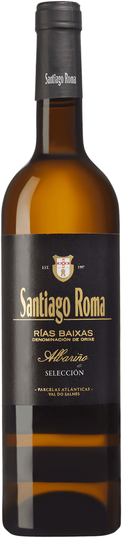 En lättare glasflaska med Santiago Roma Albariño Selección 2022, ett vitt vin från Galicien i Spanien