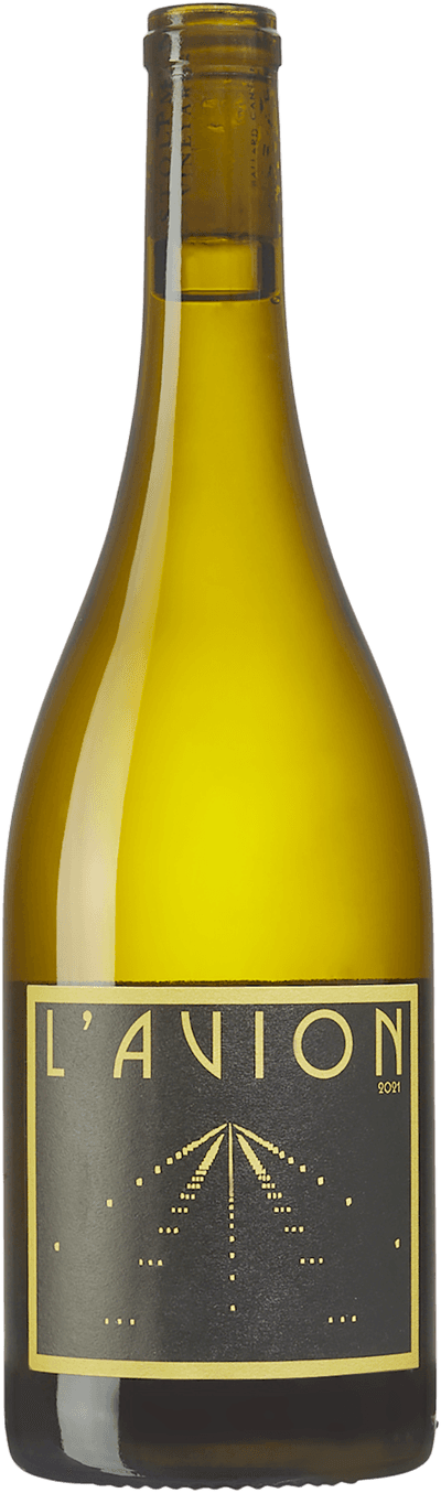 En glasflaska med Stolpman Vineyards L'Avion 2021, ett vitt vin från Kalifornien i USA