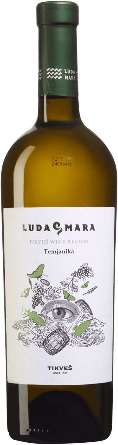 En glasflaska med Temjanika Luda Mara 2023, ett vitt vin från Povardarje i Nordmakedonien