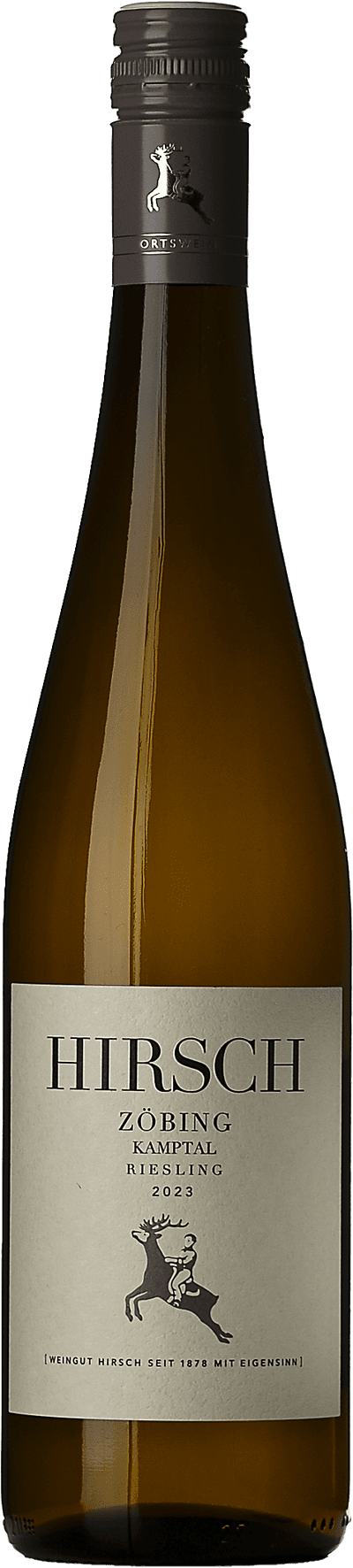 En glasflaska med Weingut Hirsch Zöbing Riesling 2023, ett vitt vin från Niederösterreich i Österrike