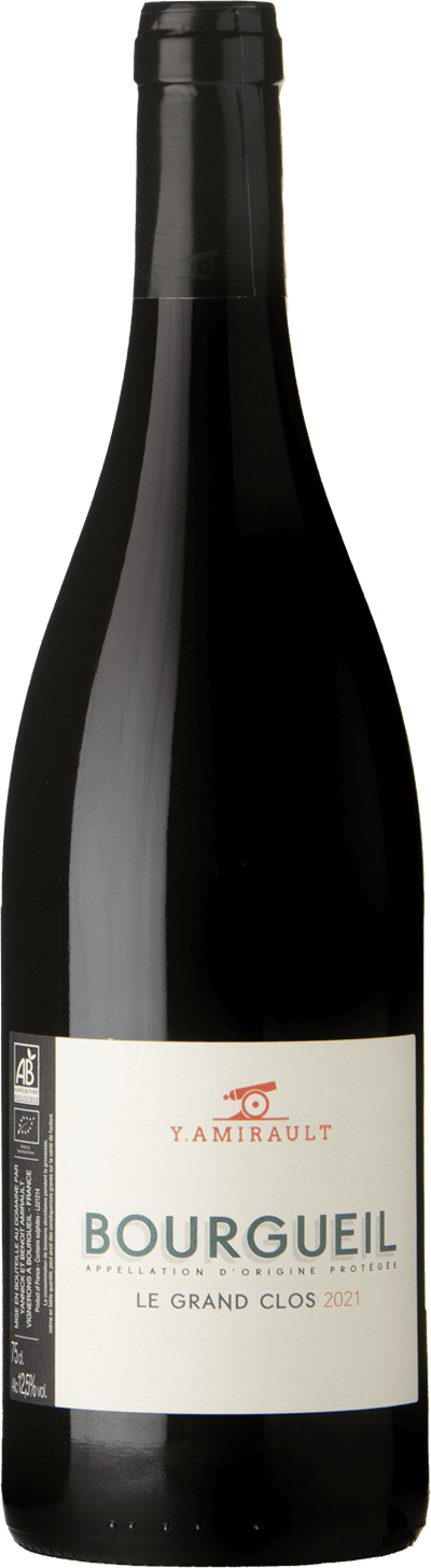 En lättare glasflaska med Yannick Amirault Le Grand Clos Bourgeuil 2022, ett rött vin från Loiredalen i Frankrike