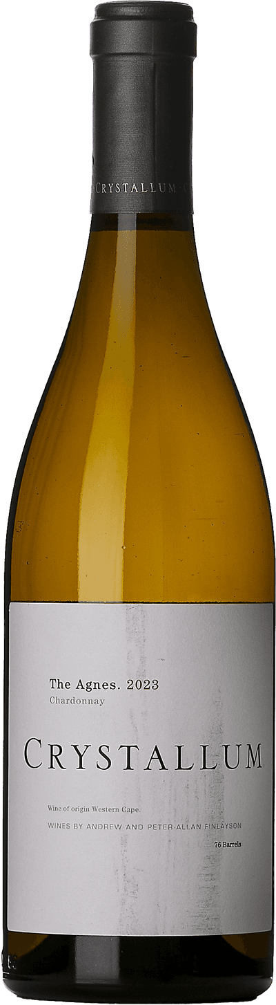En glasflaska med Crystallum The Agnes Chardonnay 2023, ett vitt vin från Western Cape i Sydafrika