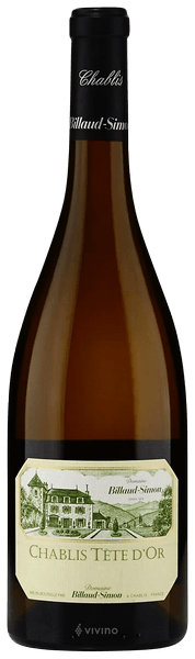 En glasflaska med Domaine Billaud-Simon Chablis Tête d'Or 2022, ett vitt vin från Bourgogne i Frankrike