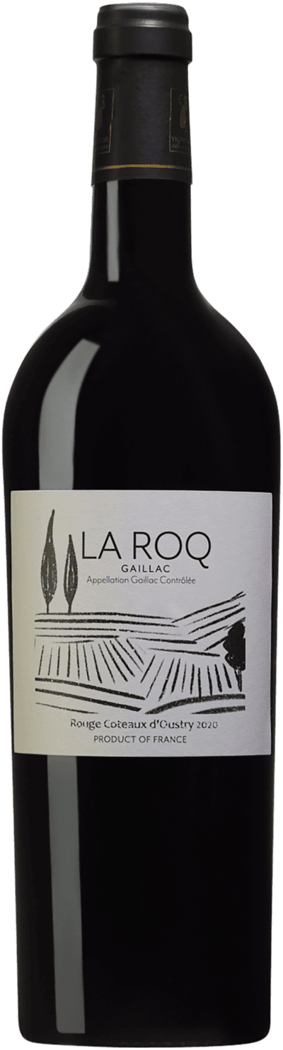 En glasflaska med Earl Remi Larroque La Roq Coteaux d'Oustry 2020, ett rött vin från Frankrike sydväst i Frankrike