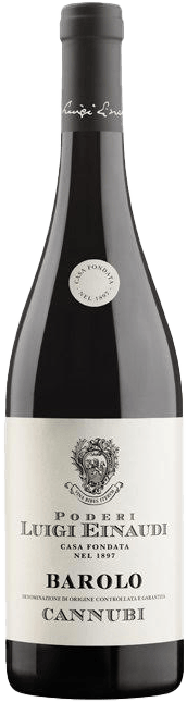 En glasflaska med Luigi Einaudi Barolo Cannubi 2020, ett rött vin från Piemonte i Italien