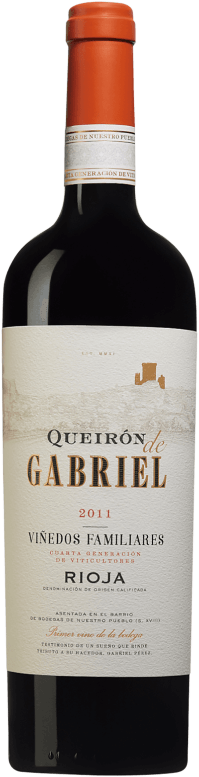 En glasflaska med Queirón de Gabriel Reserva 2011, ett rött vin från Rioja i Spanien