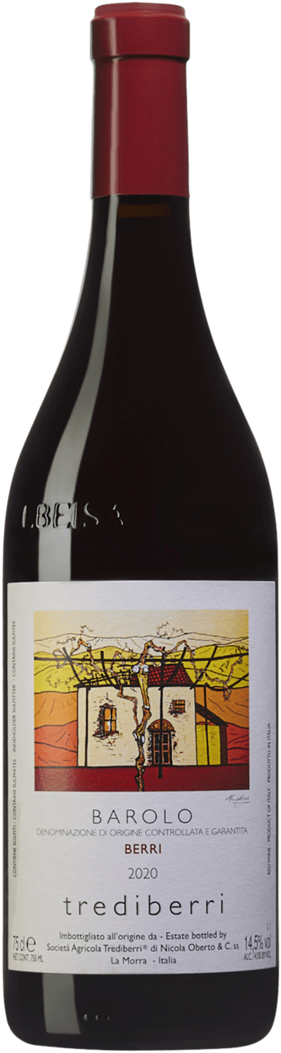 En glasflaska med Trediberri Barolo Berri 2020, ett rött vin från Piemonte i Italien