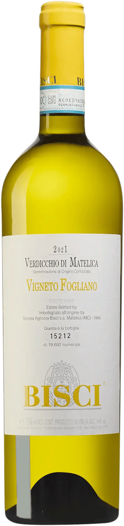 En glasflaska med Bisci Vigneto Fogliano 2021, ett vitt vin från Marche i Italien