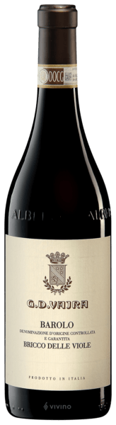 En glasflaska med G.D. Vajra Barolo Bricco delle Viole 2020, ett rött vin från Piemonte i Italien