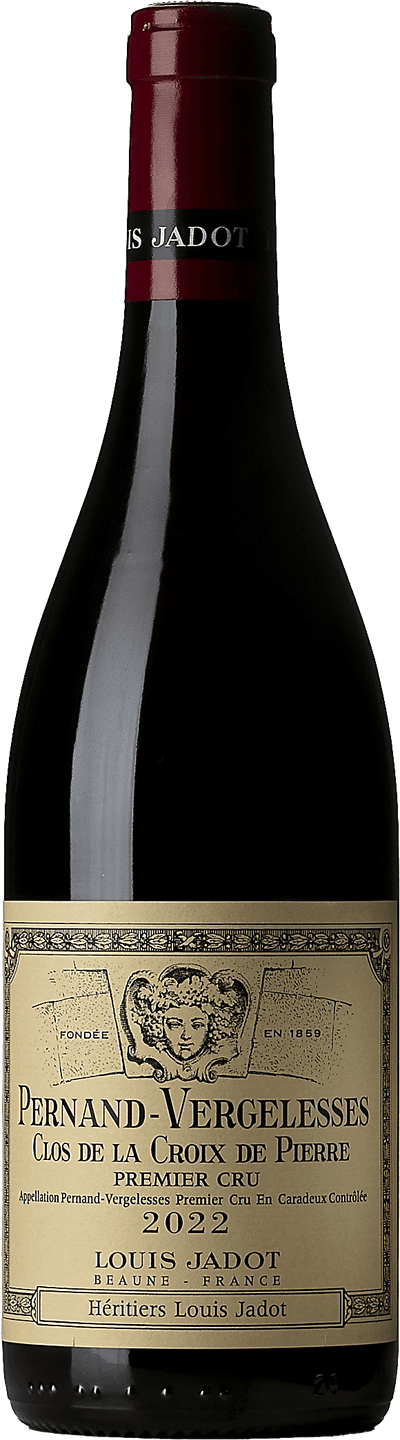 En glasflaska med Héritieres Louis Jadot Pernand-Vergelesses Premier Cru Clos de la Croix de Pierre 2022, ett rött vin från Bourgogne i Frankrike