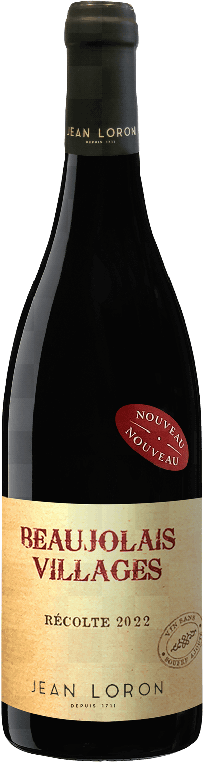 En glasflaska med Maison Jean Loron Beaujolais Villages Nouveau Vin Nature 2024, ett rött vin från Bourgogne i Frankrike