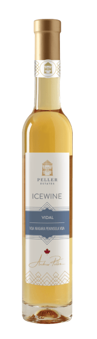 En glasflaska med Peller Estate Vidal Blanc Ice wine 2019, ett vitt vin från Ontario i Kanada