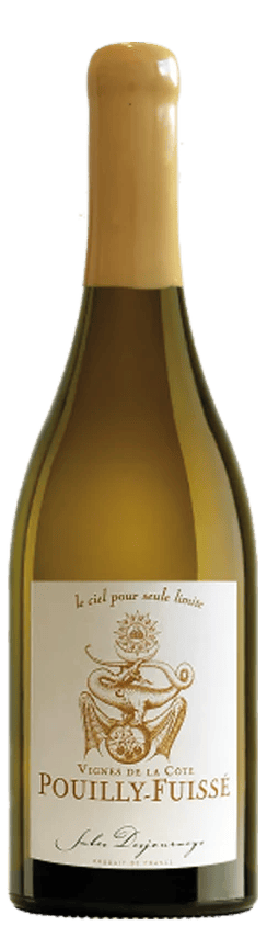 En glasflaska med Jules Desjourneys Pouilly-Fuissé Vignes de la Côte 2020, ett vitt vin från Bourgogne i Frankrike