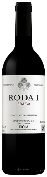 En glasflaska med Roda I 2019, ett rött vin från Rioja i Spanien