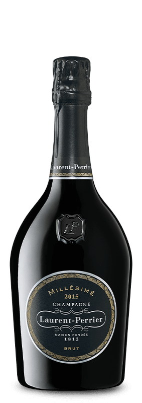 En glasflaska med Laurent-Perrier Millésimé Brut 2015, ett champagne från Champagne i Frankrike