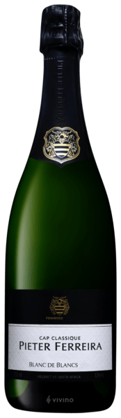 En glasflaska med Pieter Ferreira Cap Classique Blanc de Blancs 2018, en mousserande från Sydafrika